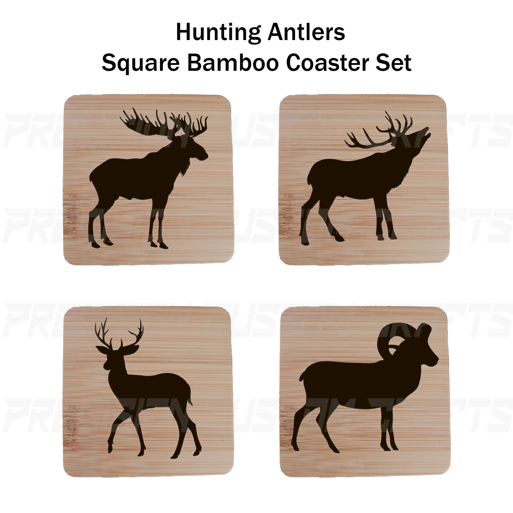 Antler Hunter Coaster Set Bamboo or Slate (4 Pack) - Precision Custom Crafts