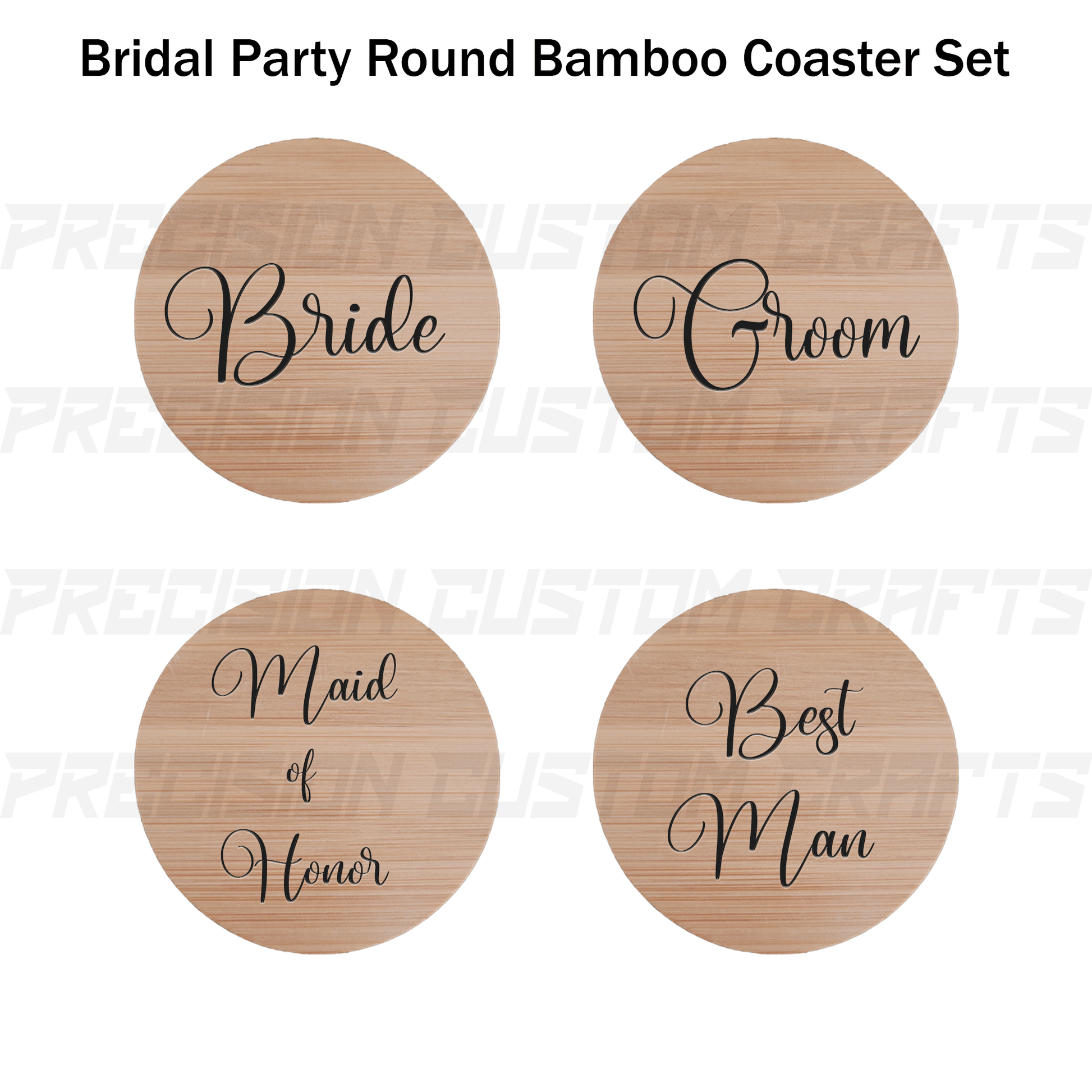 Bridal Party Coaster Set Bamboo or Slate (4 Pack) - Precision Custom Crafts