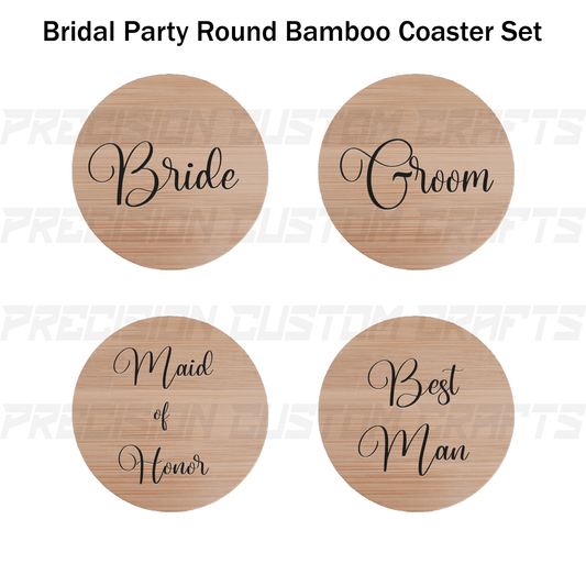 Bridal Party Coaster Set Bamboo or Slate (4 Pack) - Precision Custom Crafts