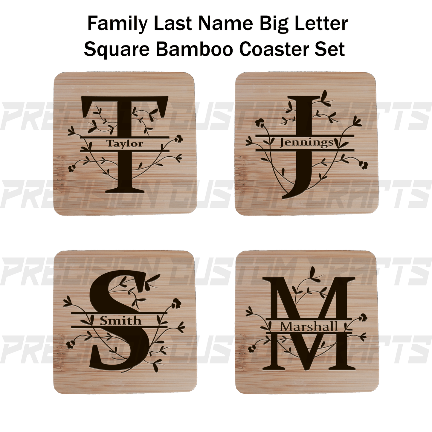 Family Last Name Big Letter Floral Coaster Set Bamboo or Slate (4 Pack) - Precision Custom Crafts