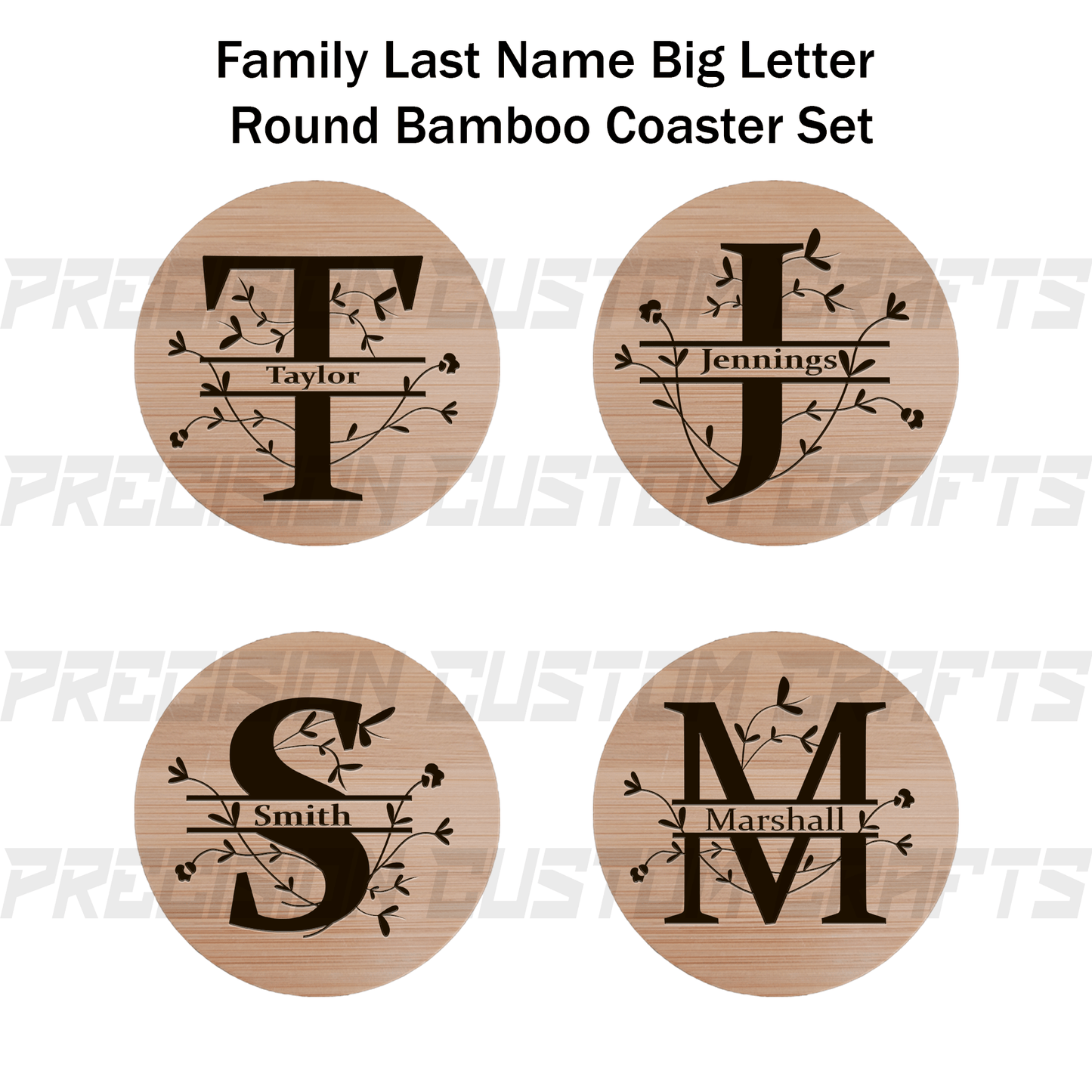 Family Last Name Big Letter Floral Coaster Set Bamboo or Slate (4 Pack) - Precision Custom Crafts