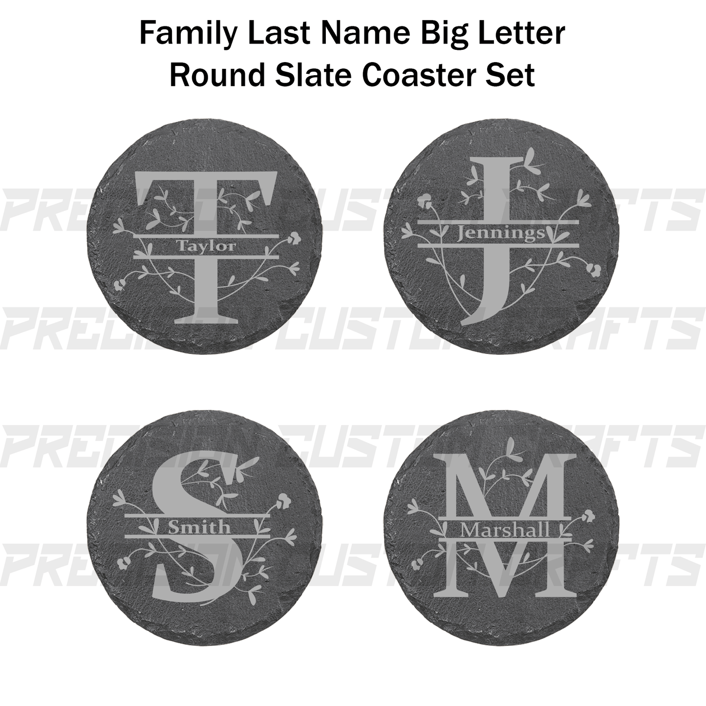 Family Last Name Big Letter Floral Coaster Set Bamboo or Slate (4 Pack) - Precision Custom Crafts