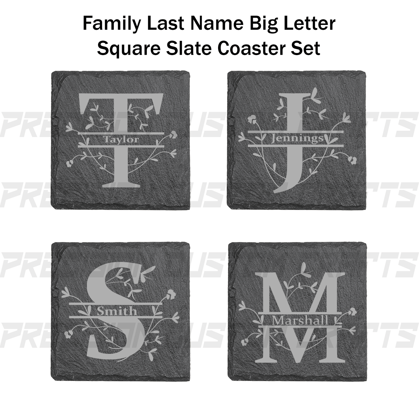 Family Last Name Big Letter Floral Coaster Set Bamboo or Slate (4 Pack) - Precision Custom Crafts