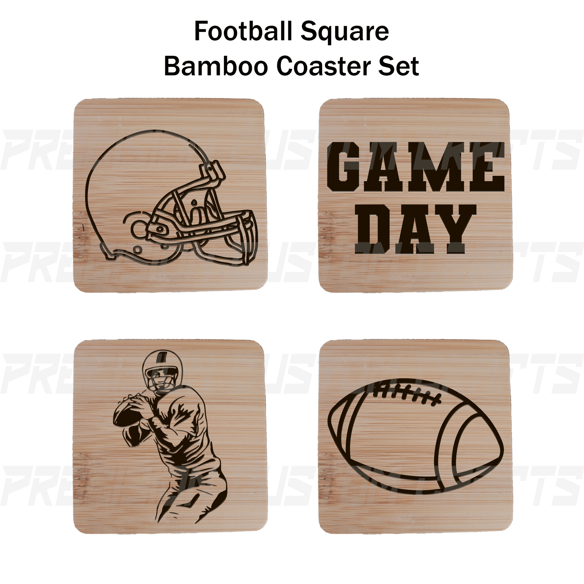 Football Coaster Set Bamboo or Slate (4 Pack) - Precision Custom Crafts