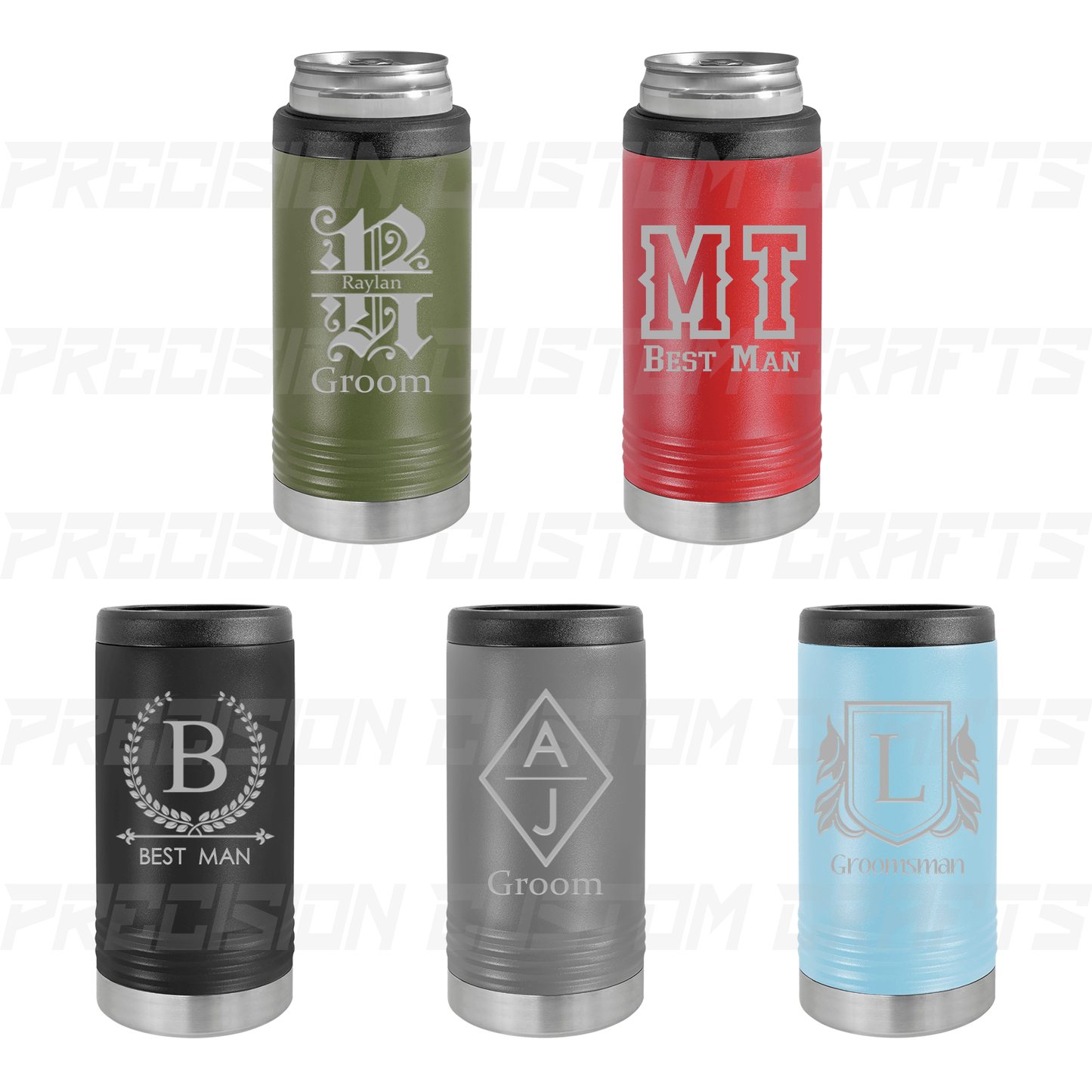 Groom/Best Man/Groomsman Monogram Stainless Steel Slim Koozie - Precision Custom Crafts