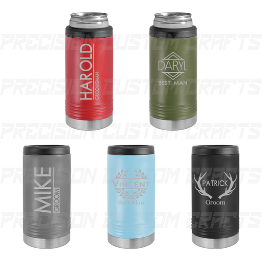 Groom/Best Man/Groomsman Name Stainless Steel Slim Koozie - Precision Custom Crafts