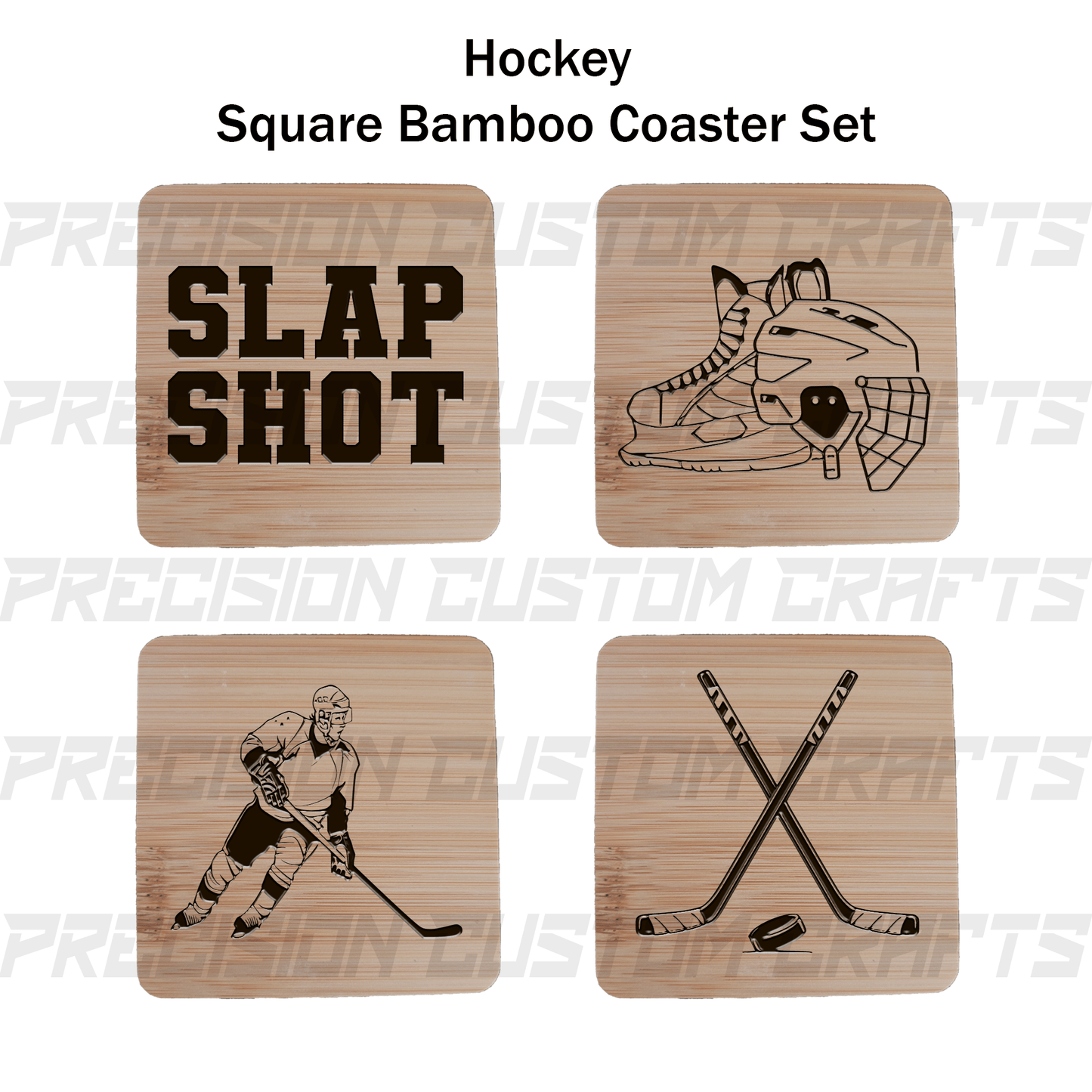 Hockey Coaster Set Bamboo or Slate (4 Pack) - Precision Custom Crafts