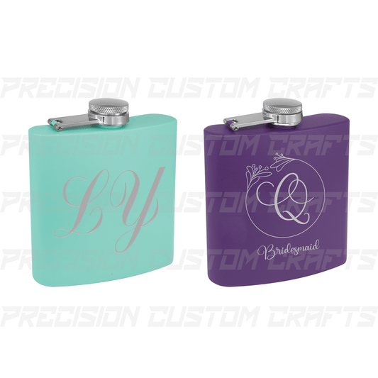 Matte Powder Coated Stainless Steel 6 oz. Flask - Bride, Maid of Honor, Bridesmaid - Precision Custom Crafts