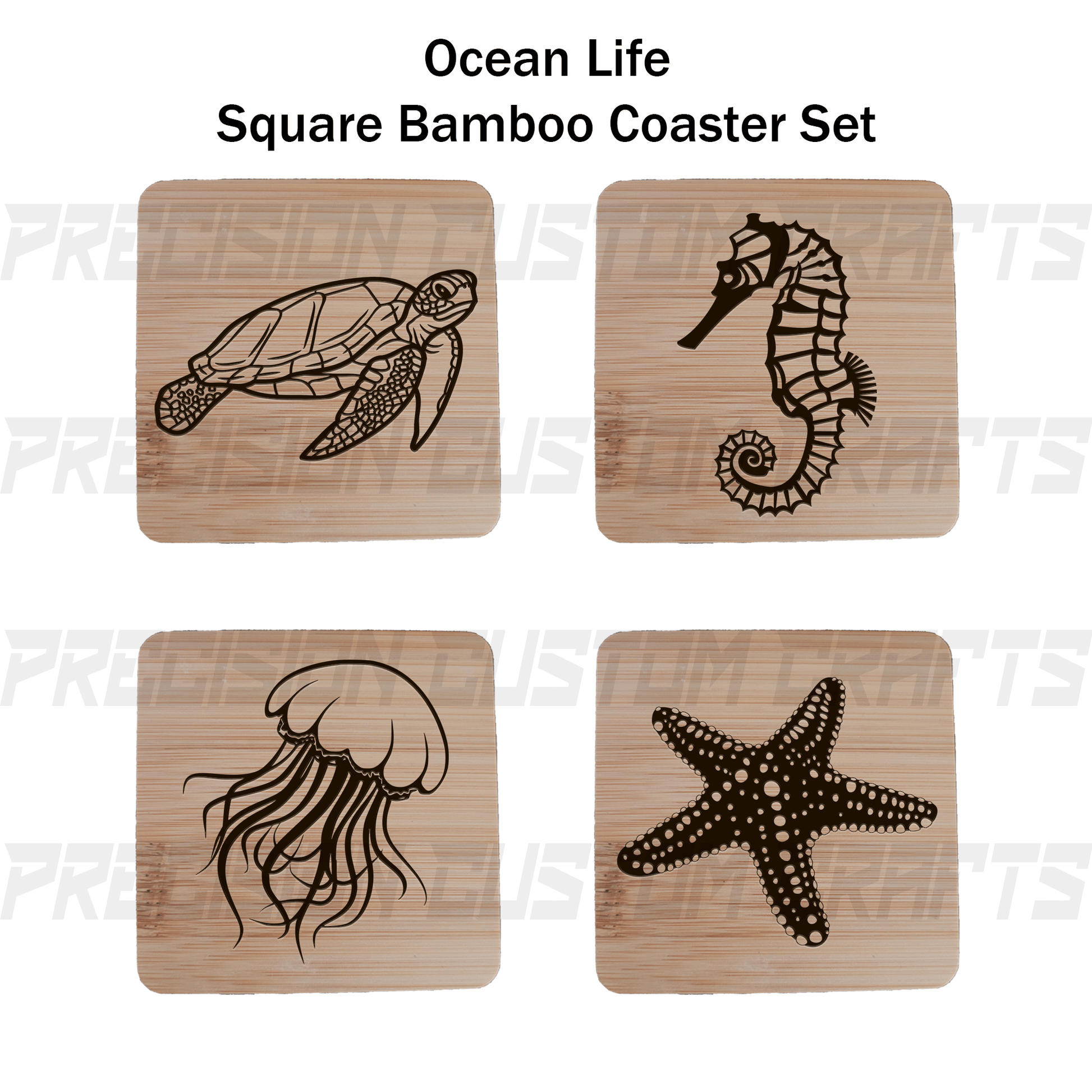 Ocean Life Coaster Set Bamboo or Slate (4 Pack) - Precision Custom Crafts