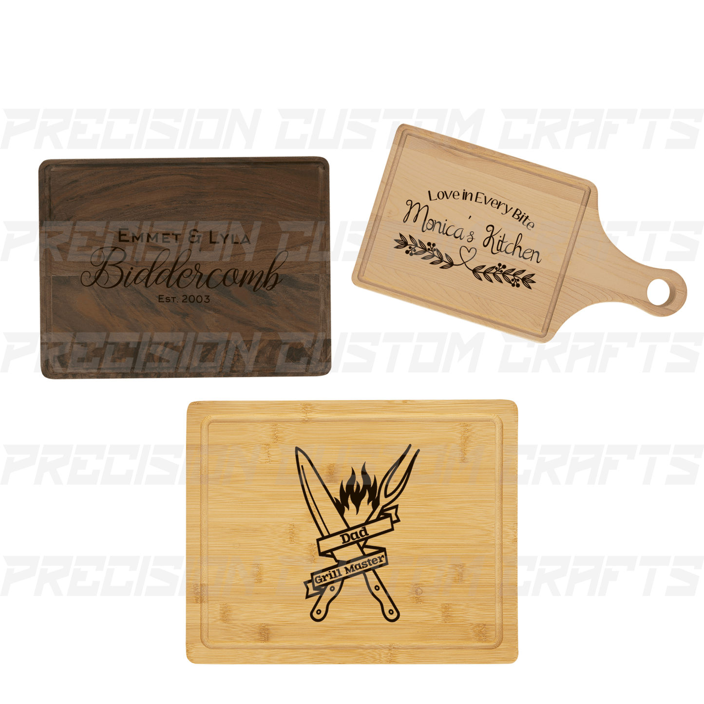 Personalized Cutting Boards Centered Image- Walnut, Maple and Bamboo - Precision Custom Crafts