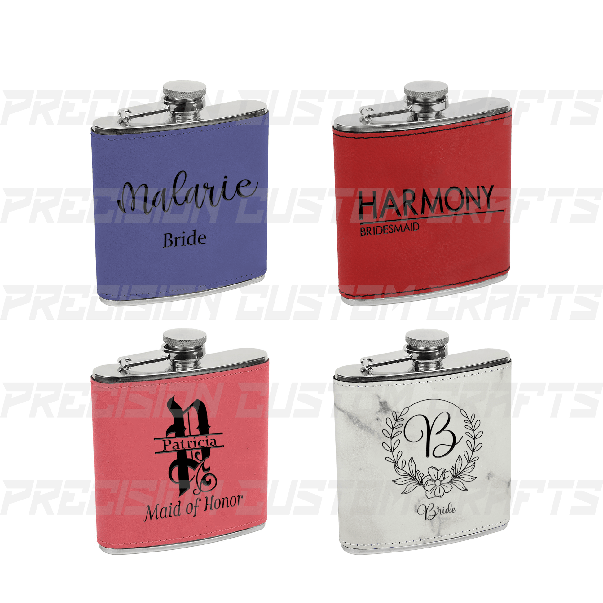 Stainless Steel 6 oz. Flask with Leatherette Grip - Bride, Maid of Honor, Bridesmaid - Precision Custom Crafts