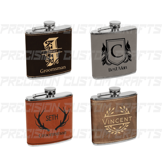 Stainless Steel 6 oz. Flask with Leatherette Grip - Groom, Best Man, Groomsman - Precision Custom Crafts