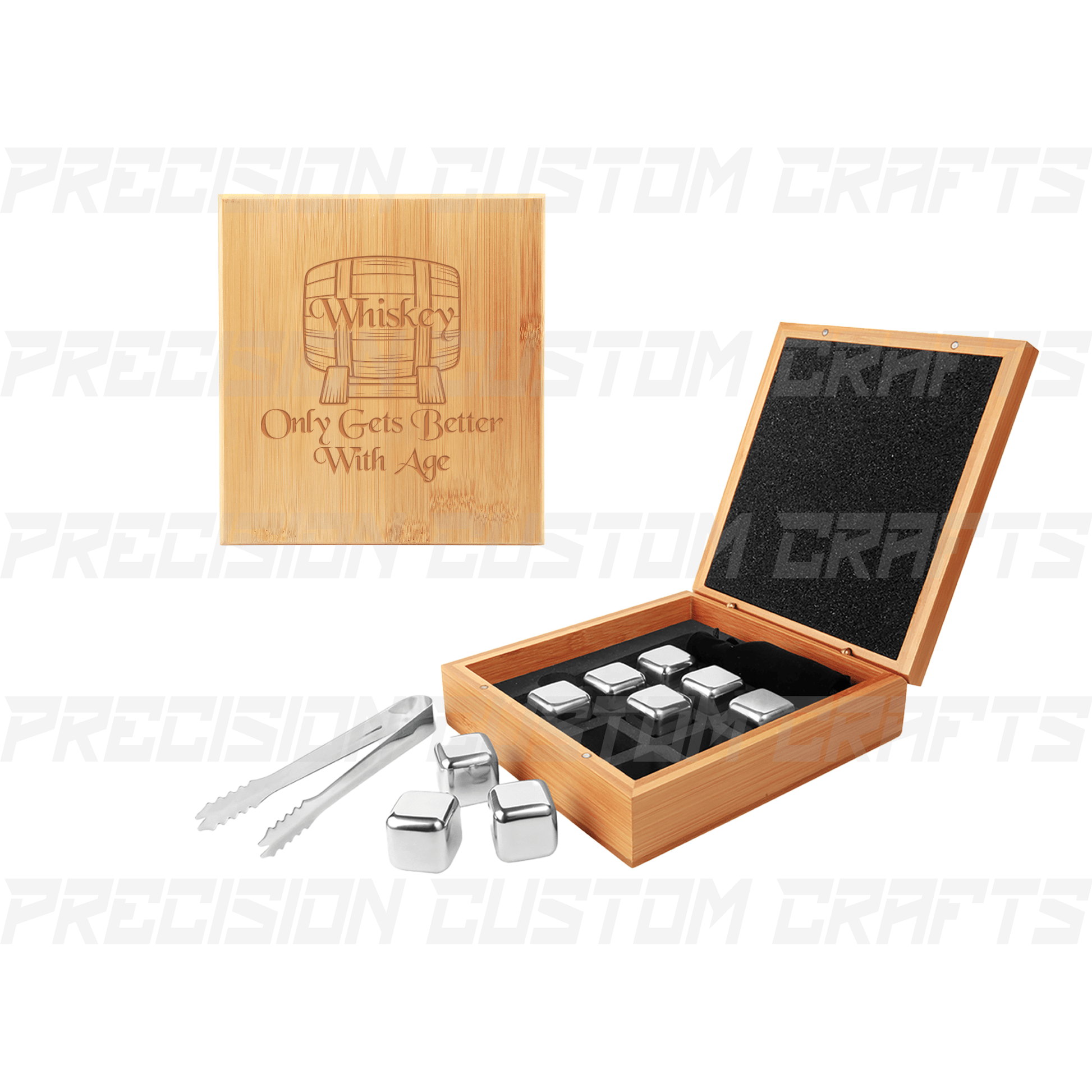 Stainless Steel Whiskey Stone Set in Bamboo Case - Precision Custom Crafts