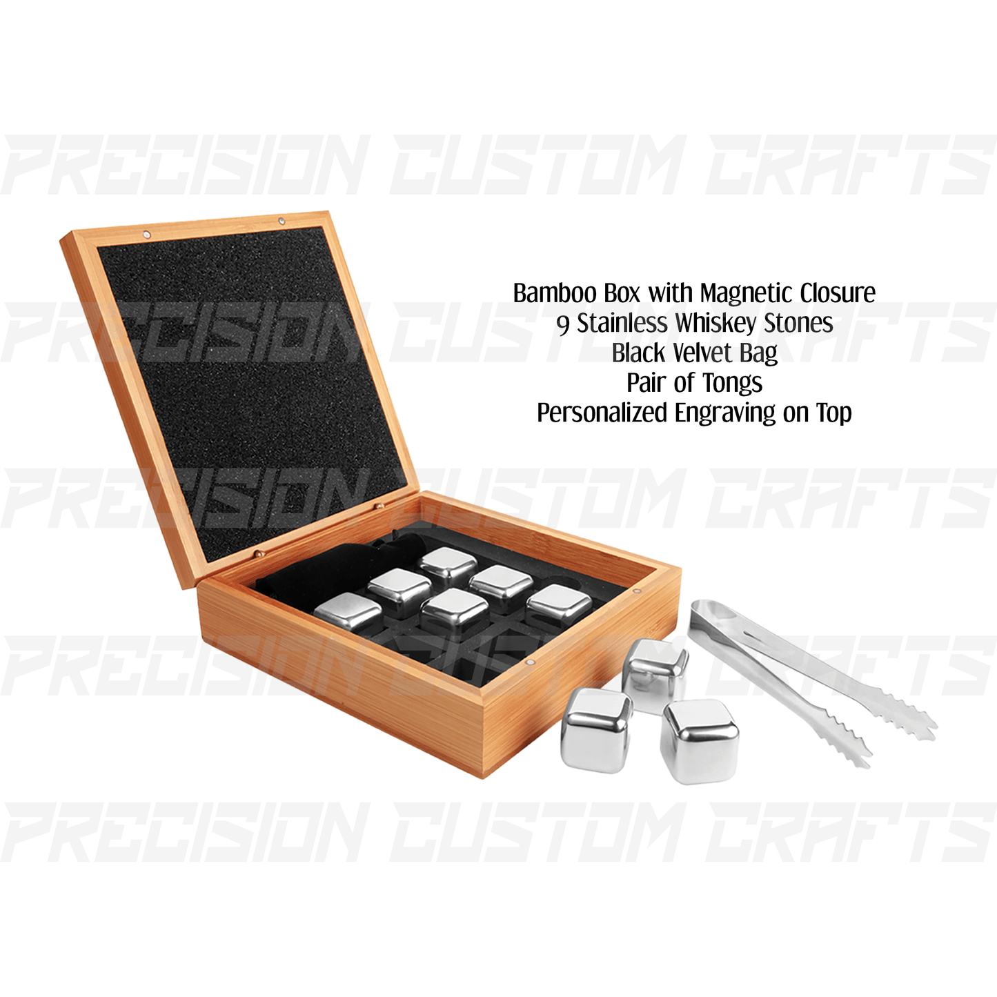 Stainless Steel Whiskey Stone Set in Bamboo Case - Precision Custom Crafts