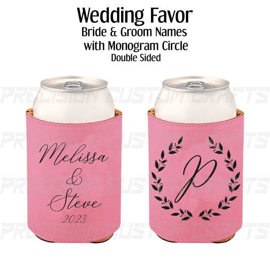 Wedding Favor - Bride & Groom Name with Monogram Circle Leatherette Beverage Holder - Precision Custom Crafts