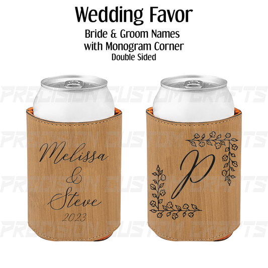 Wedding Favor - Bride & Groom Name with Monogram Corner Leatherette Beverage Holder - Precision Custom Crafts